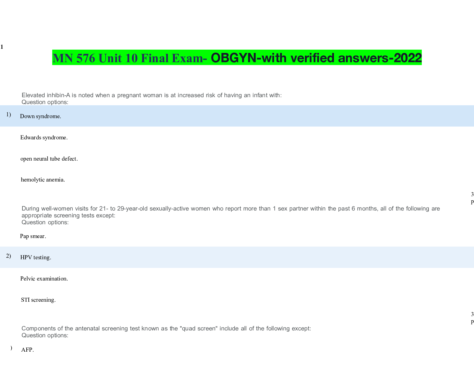 Preview of MN 576 Unit 10 Final Exam- OBGYN-with verified answers-2022